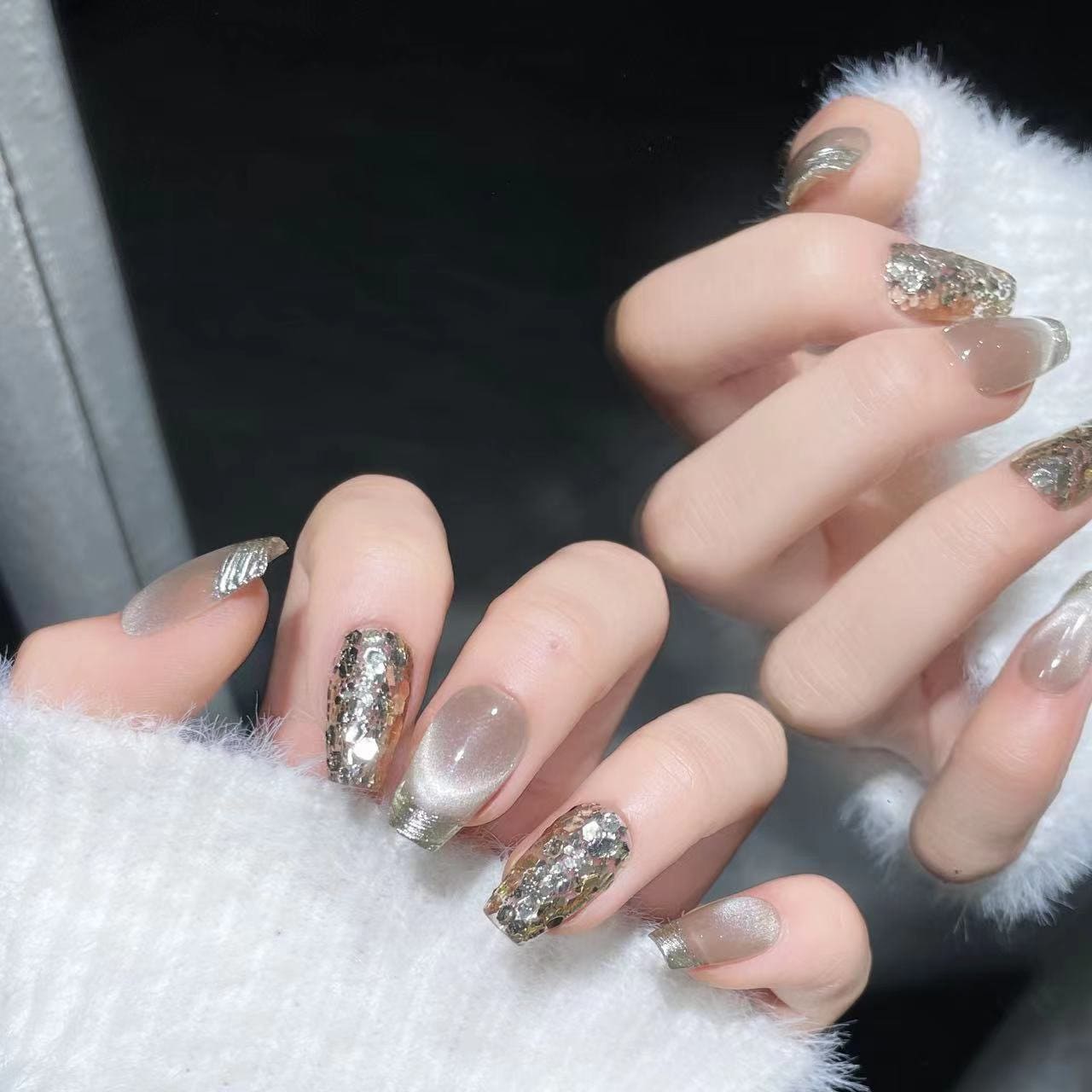 Milk White Champagne Gold Sequins cat eye Gel Nails | Press on Nails | Handmade Natural Nails| New Nail Trend | Jelly Nail Polish Nails Art