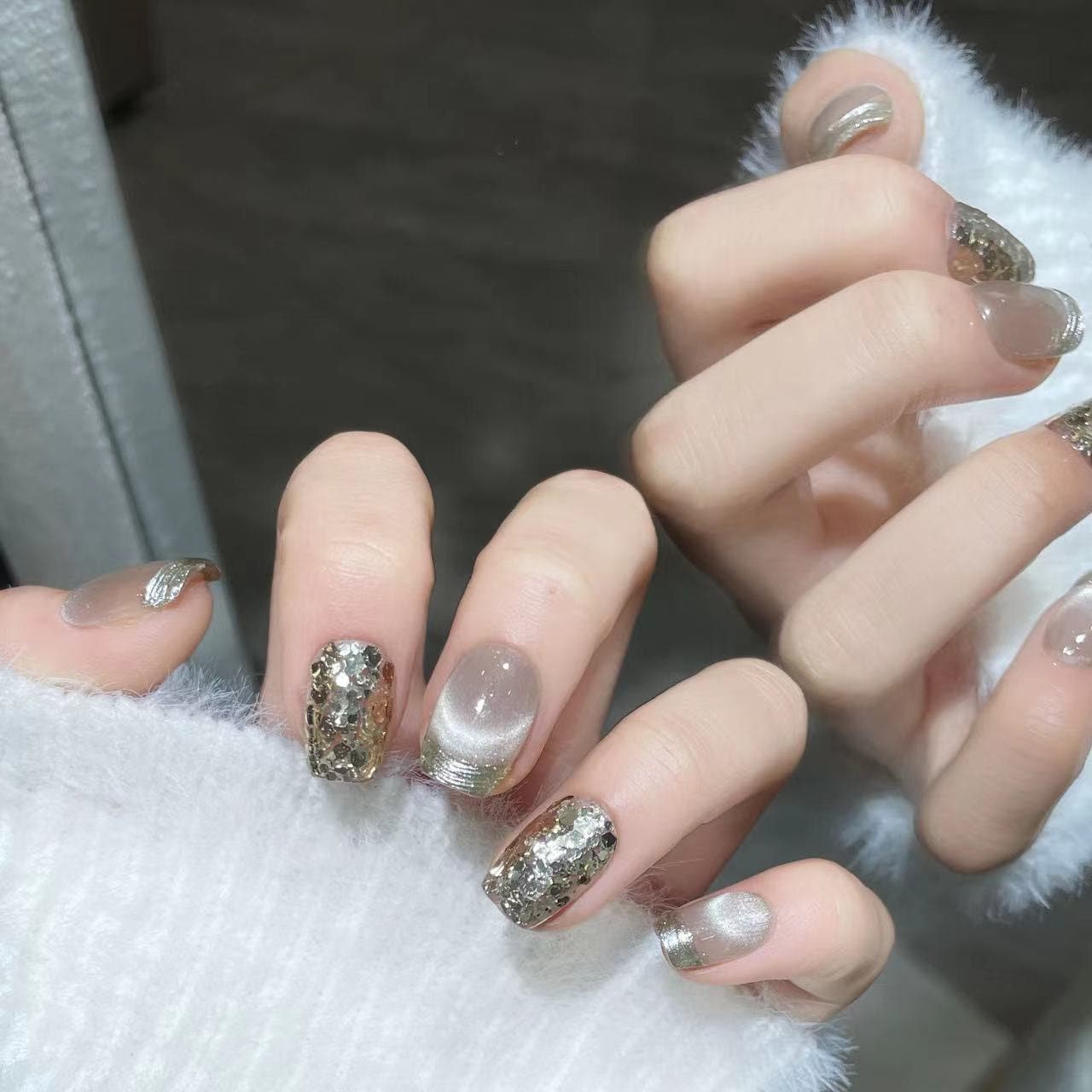 Milk White Champagne Gold Sequins cat eye Gel Nails | Press on Nails | Handmade Natural Nails| New Nail Trend | Jelly Nail Polish Nails Art