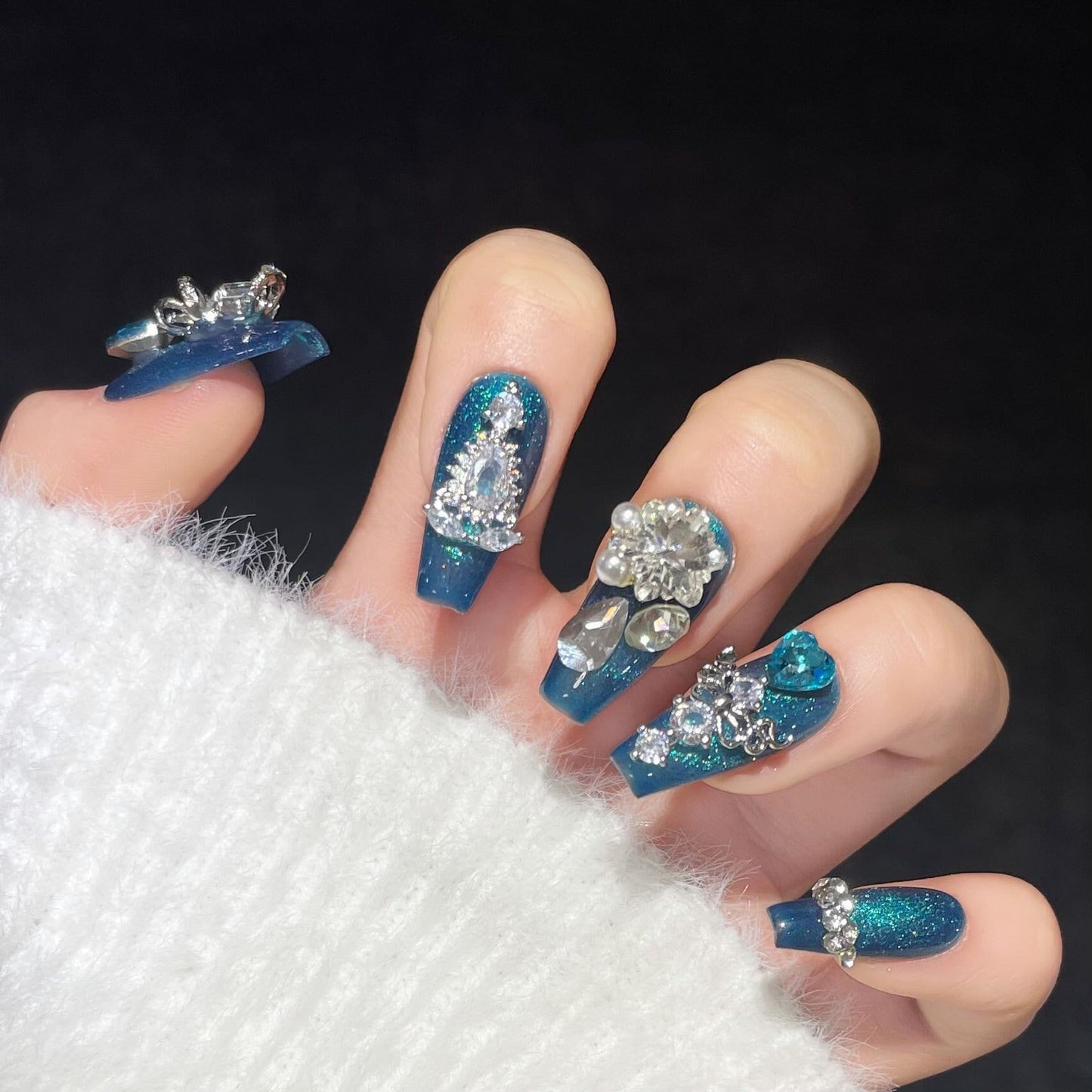 Luxury sparkling blue LOVE full diamonds Gel Nails | Press on Nails | Handmade Natural Nails| New Nail Trend | Jelly Nail Polish