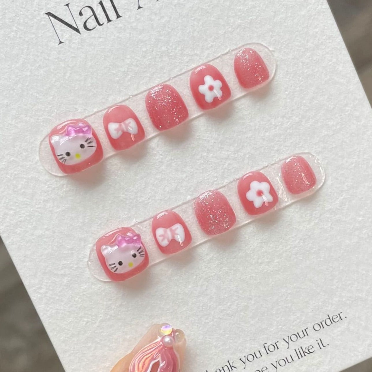 Kids Series | Hello Kitty Cat Gel Nails | Press on Nails | Handmade Nails |Jelly Nail Polish | Long Medium Short Nails Gifts for Kid