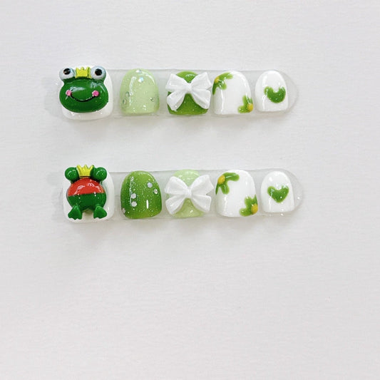 Kids Series | Little Green Frog Cartoon Gel Nails | Press on Nails |  Safety not hurt Nails | Handmade Nails | Nails for Kids