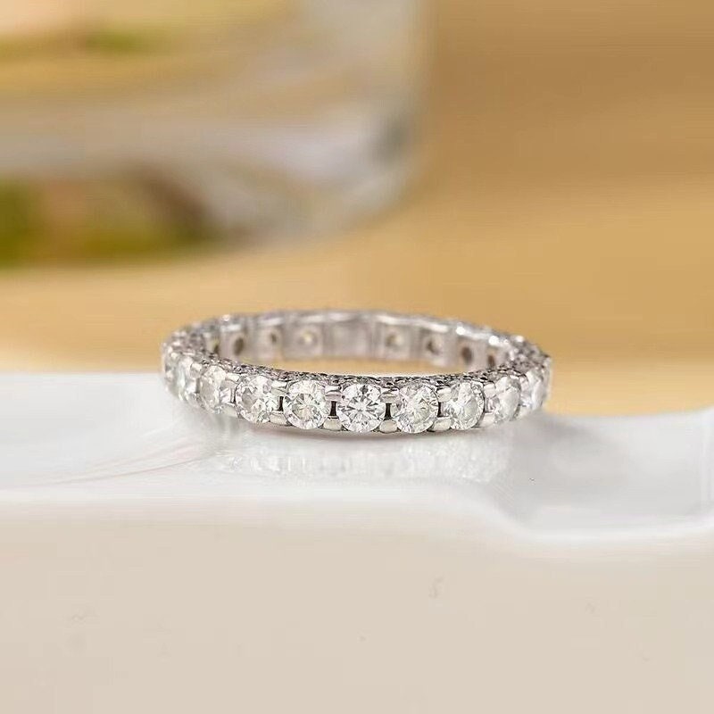 Anell de compromís Moissanite Plata de llei 925 | Anell d'apilament | Banda de noces | Banda de noces | Anell de diamants | Anell de promesa Anell de pedres múltiples