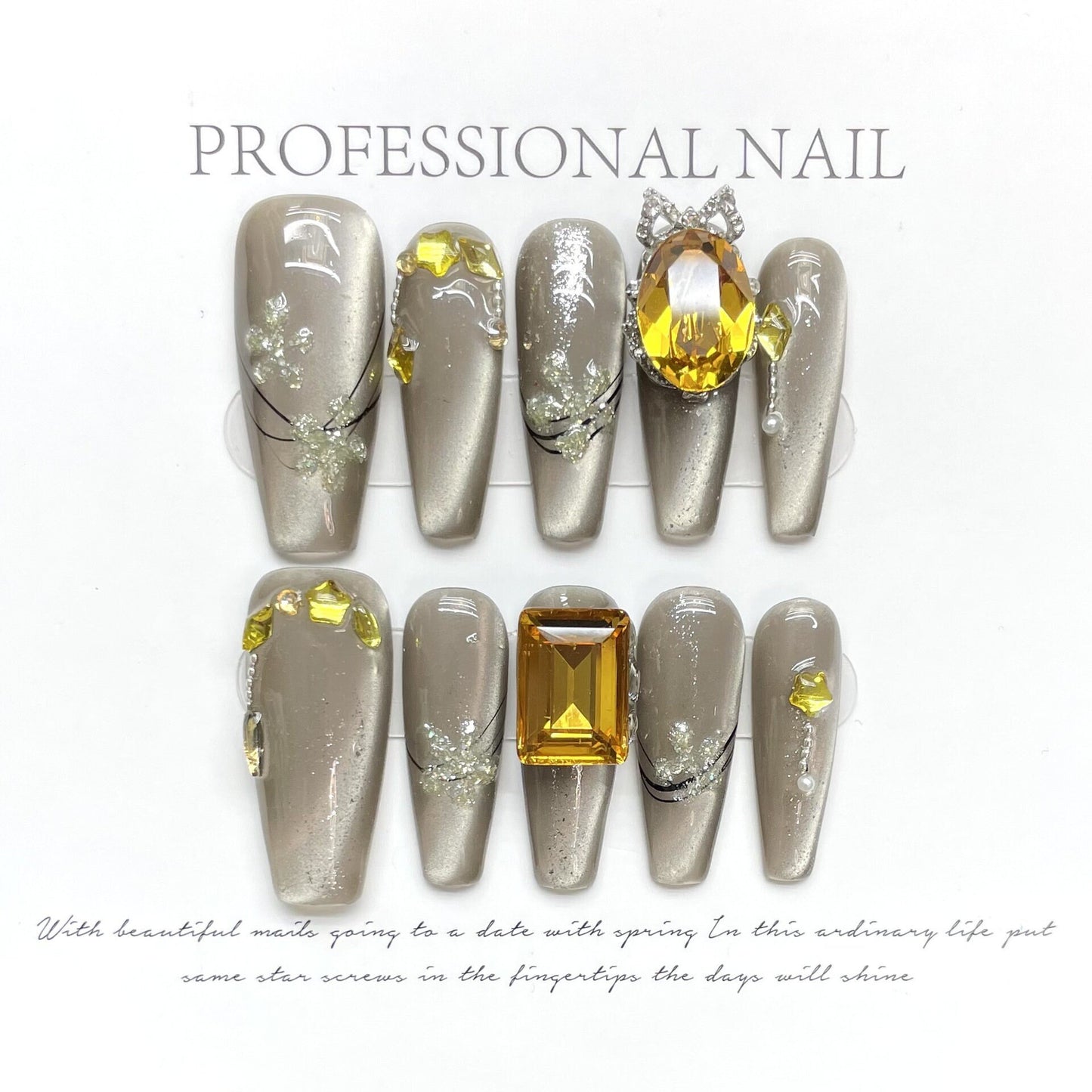 Murad Silver Cat's Eye Yellow Crystal Gel Nails | Press on Nails | Handmade Nails| New Nail Trend | Jelly Nail Polish | Long Medium Nails