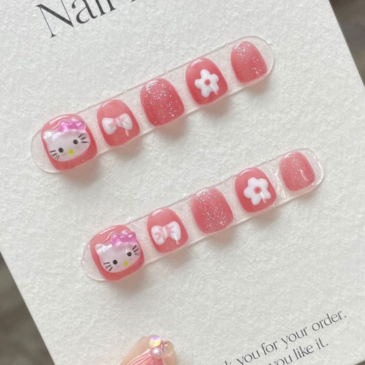 Kids Series | Hello Kitty Cat Gel Nails | Press on Nails | Handmade Nails |Jelly Nail Polish | Long Medium Short Nails Gifts for Kid