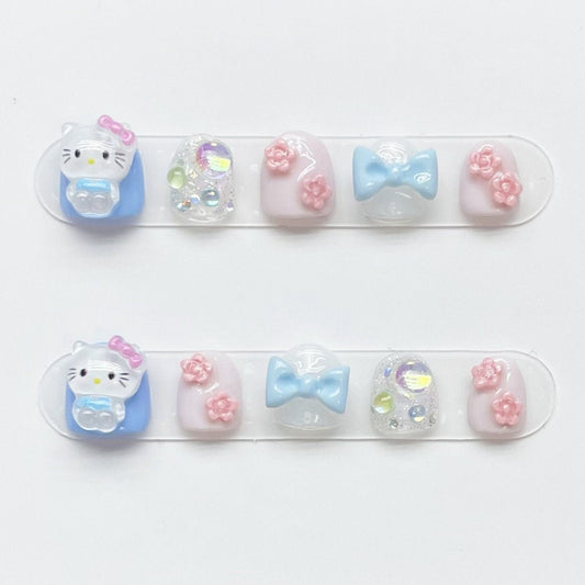 Kids Series | Hello Kitty Cat Gel Nails |Press on Nails | Handmade Natural Nails |Jelly Nail  | Long Medium Short Nails Gifts for Kid