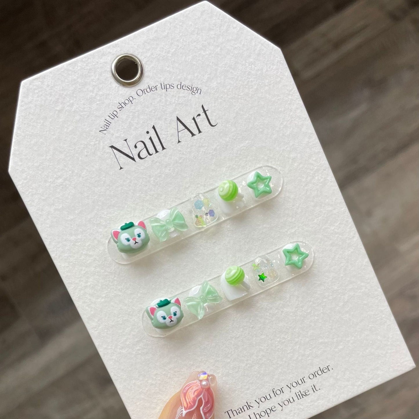 Kids Series |Green Bow Cute Cartoon Gel Nails | Press on Nails | Handmade Nails |Jelly Nail  | Long Medium Short Nails Gifts for Kid