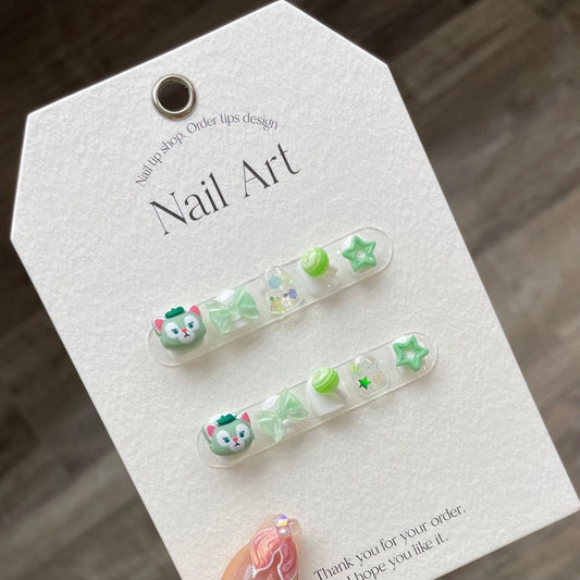 Kids Series |Green Bow Cute Cartoon Gel Nails | Press on Nails | Handmade Nails |Jelly Nail  | Long Medium Short Nails Gifts for Kid