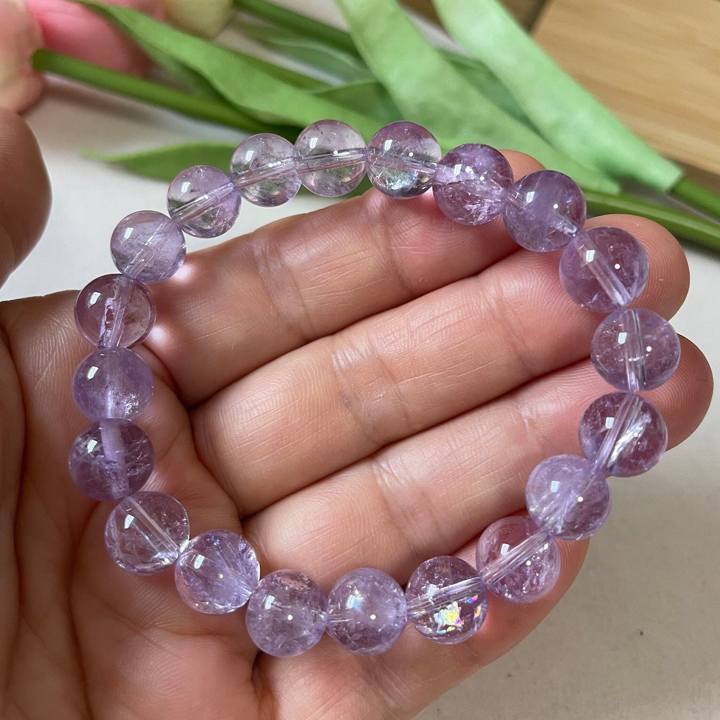 10 mm Regenbogen-Lavendel-Amethyst | Armband aus Naturkristall | Armband aus Natursteinperlen | Dehnbares Armband | Armband aus Heilkristall