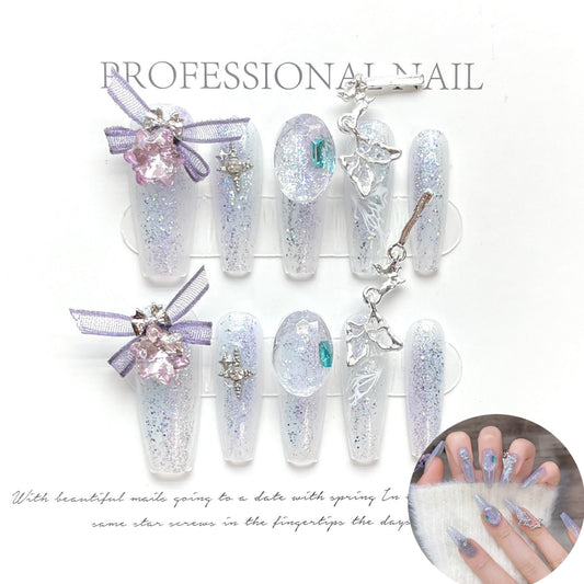 Cinta de luxe papallona violeta ungles de gel de cristall romàntic | Premeu les ungles |Ungles fetes a mà| Nail Trend |esmalt d'ungles gelatina| Ungles llargues i curtes