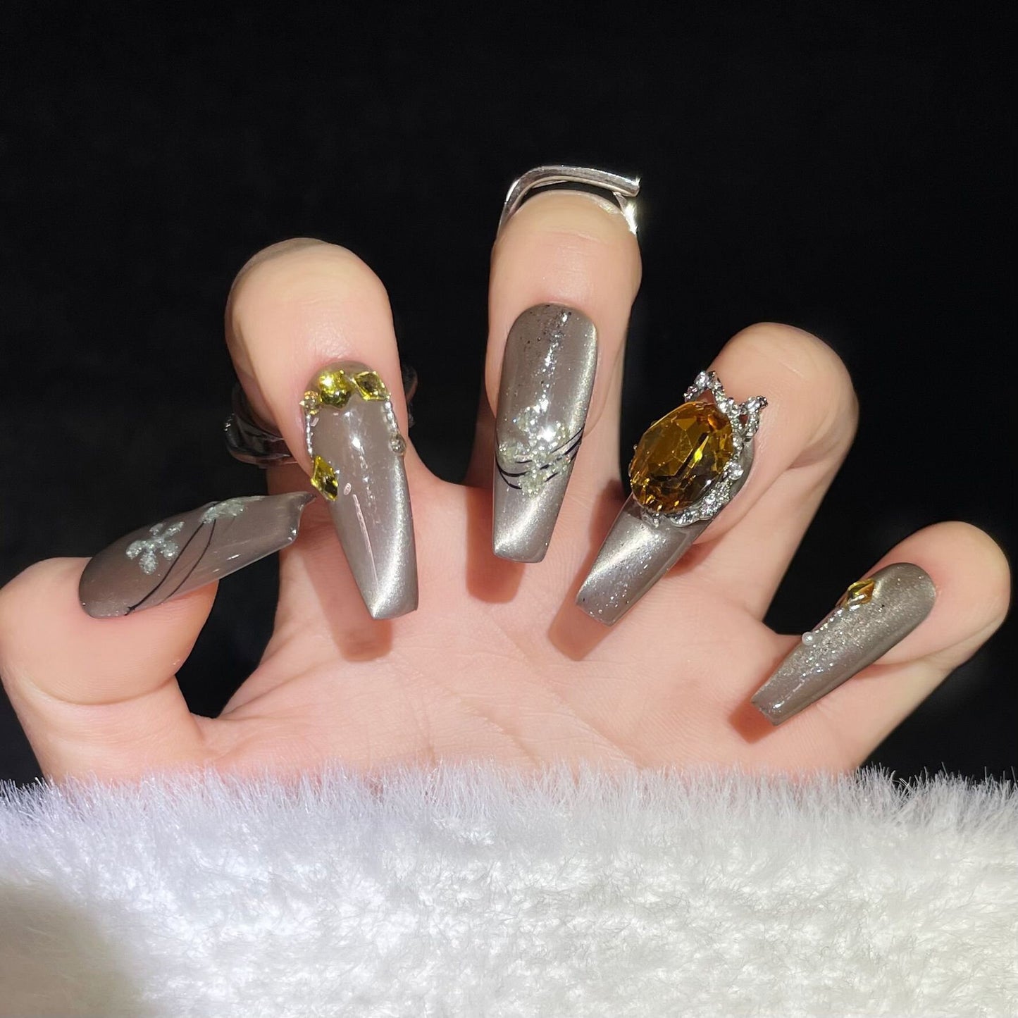 Murad Silver Cat's Eye Yellow Crystal Gel Nails | Press on Nails | Handmade Nails| New Nail Trend | Jelly Nail Polish | Long Medium Nails