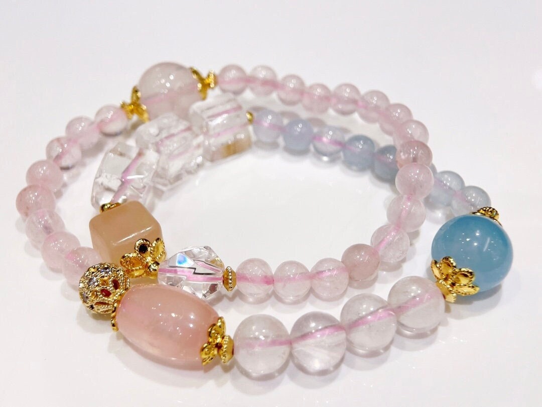 Natural Quality Rose quartz + Amazonite + Clear Quartz | Original Design Crystal Bracelet | Healing Crystal Energy Stone | Best Gifts