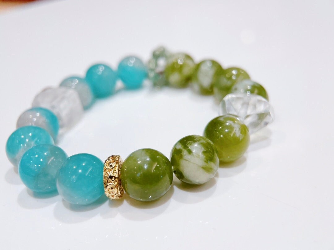 Natural Quality Amazonyte + Serpentine Jade + Clear Quartz | Original Design Bracelet | Natural Crystal Bracelet | Energy Stone | Best Gifts