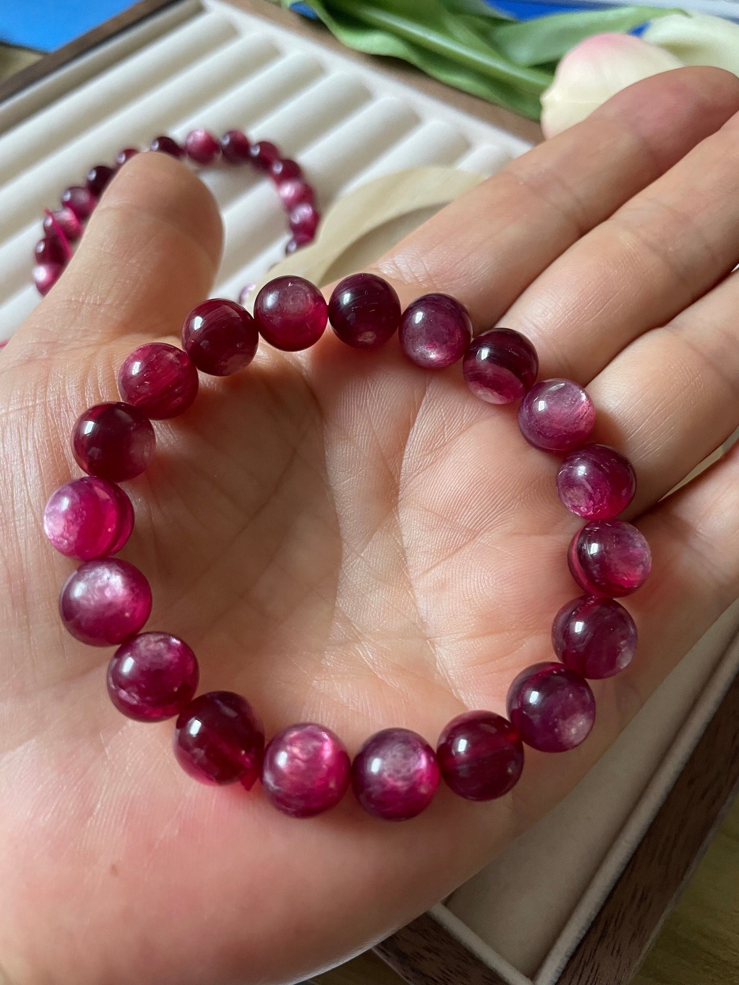 9mm/10mm Natural Pink Lepidolite Cat's Eye Bracelet | Natural Crystal Bracelet | Bead Bracelet | Healing Crystal Bracelet | Gift for Her