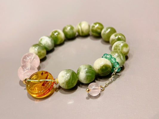 Natural Grapefruit Jade 10mm + Rose Quartz 11mm + Amber Handmade Bracelet | Handcrafted for Luck and Elegance | Handmade Jewelry | Crystal