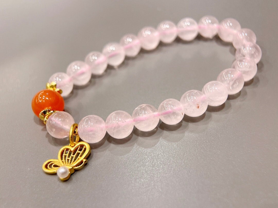 8mm Rose Quartz + 10mm Red Agate Bracelet | Natural Crystal Bracelet | Handmade Jewelry | Healing Crystal Bracelet