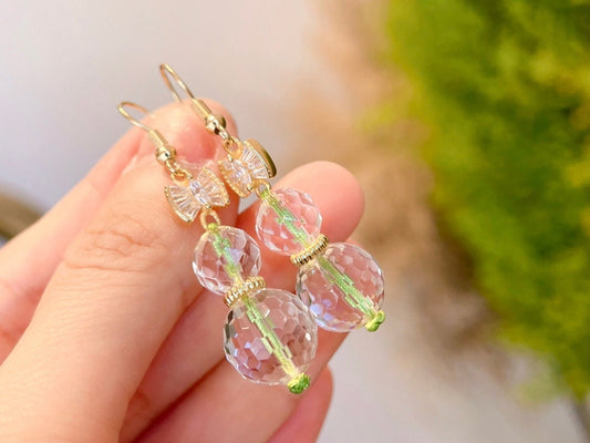 Elegant and Glistening Natural Clear Quartz Gourd Earrings With S925 Silver Bow | Handmade Earrings | Healing Stone | Earrings For Summer