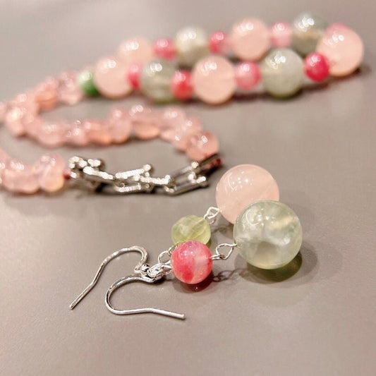 Fresh Sweet Natural Madagascar Pink Quartz + 12mm Rose Quartz + 12mm Prehnite + Cherry Blossom Peach Necklace, Must-Have Elegance