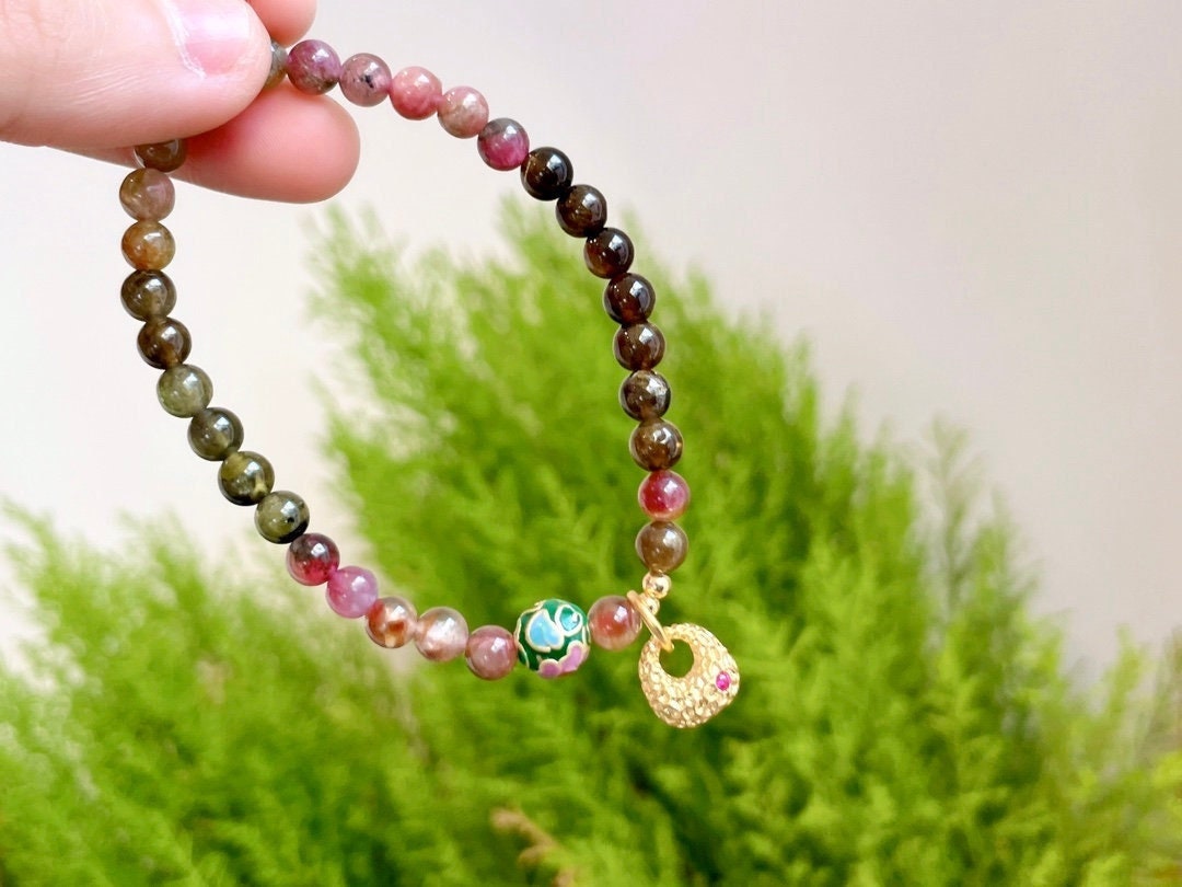 Genuine Natural Brazilian Tourmaline Bracelet + Peace Lock | Natural Stone Bead Bracelet | Healing Crystal Bracelet | Gemstone beads