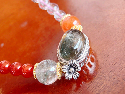 Strawberry Quartz, White Crystal, Red Agate, and Green Phantom Crystal Bracelet - Attracts Wealth and Success, Enhances Love Life