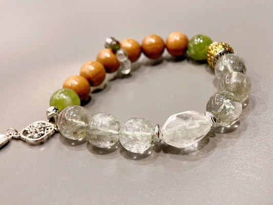 12mm Green Phantom + 11mm Six-Path Wood + Grapefruit Jade + Clear Quartz Bracelet