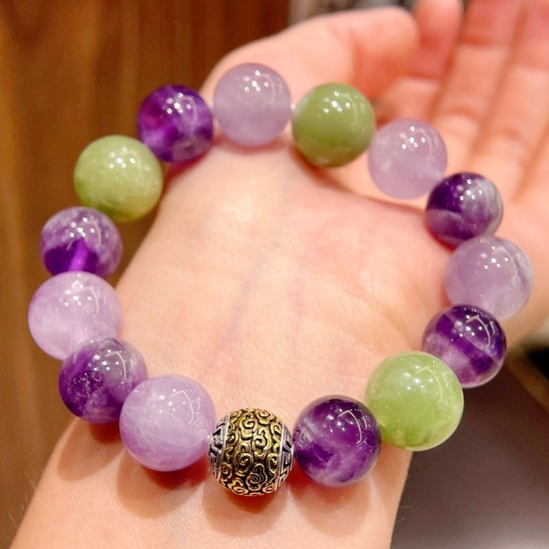 12mm Natural Amethyst + 13mm Purple Jade + 13mm Grapefruit Jade Bracelet | Multi-Blessings, Cool Summer Essential, Trendy and Refreshing