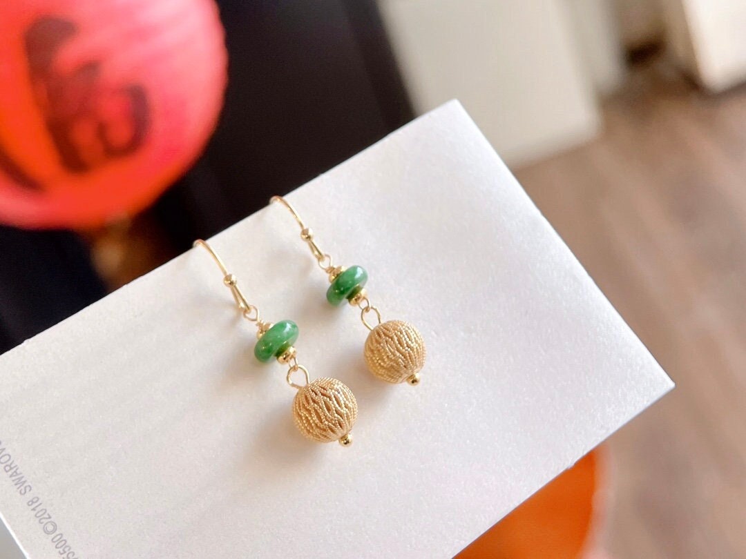 Original Design Chinese Style Handmade Earrings | Natural Yang Green Jade + Brushed Bead Earrings, Durable Color, Stylish and Elegant |